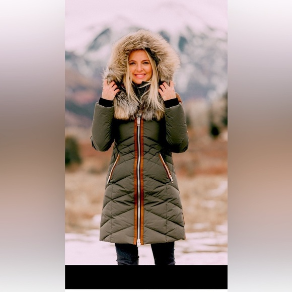 Nicole Benisti N Series down jacket, XS olive green. leather trims fur trim hood - Picture 3 of 12